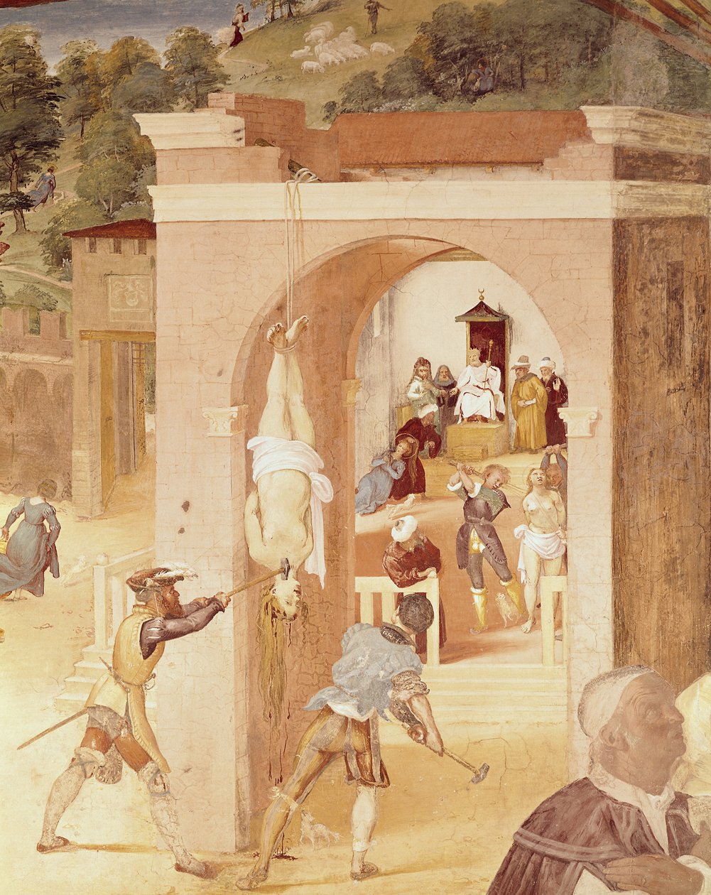 Scenes from the Life of St. Barbara, detail of St. Barbara handed over to the Roman Prelate, Marcian, and then tortured, 1523-24 by Lorenzo Lotto