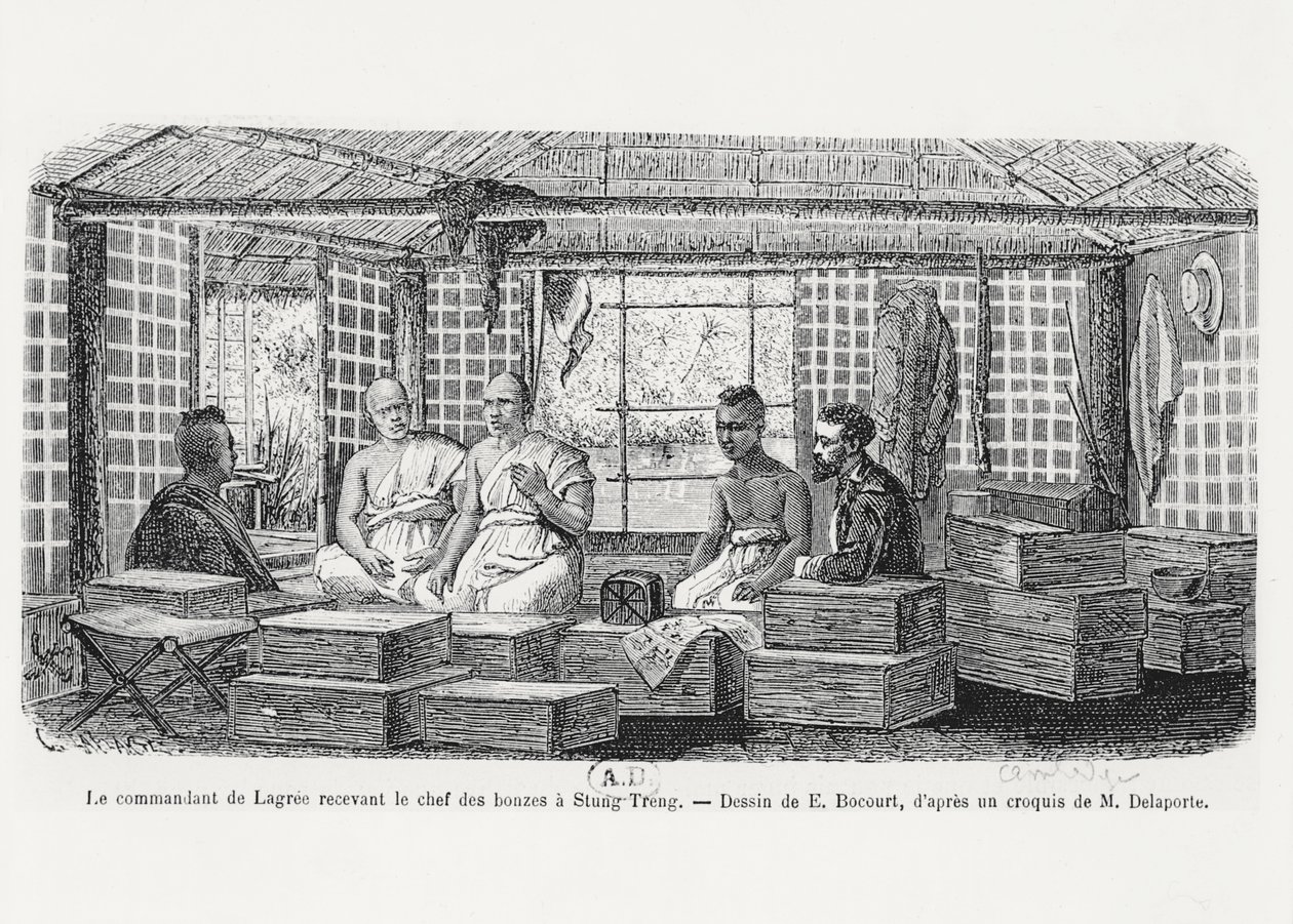 Commander Lagree receiving the chief of the monks at Stung Treng, Cambodia by Louis Delaporte