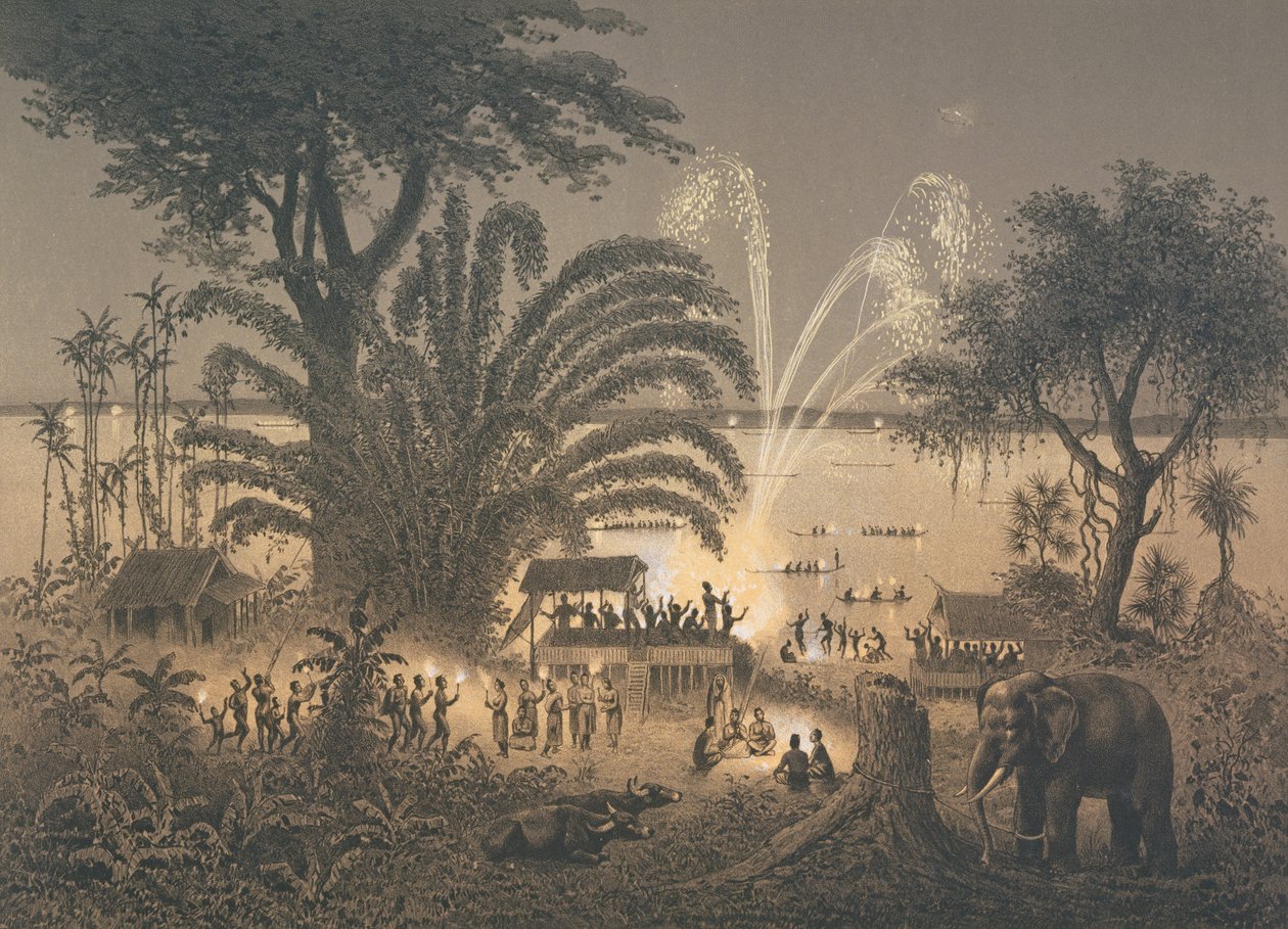 Fireworks on the River at Celebrations in Bassac, illustration from 