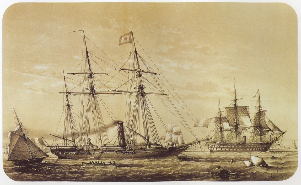 The Reine Hortense, imperial yacht of Napoleon III. The ship of the line Austerlitz can be seen in the background by Louis Le Breton