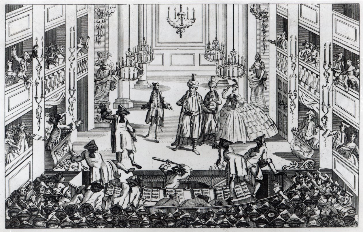Riot at Covent Garden Theatre in 1763 in consequence of the Managers refusing to admit half-price in the Opera of Artaxerxes by Louis Philippe Boitard