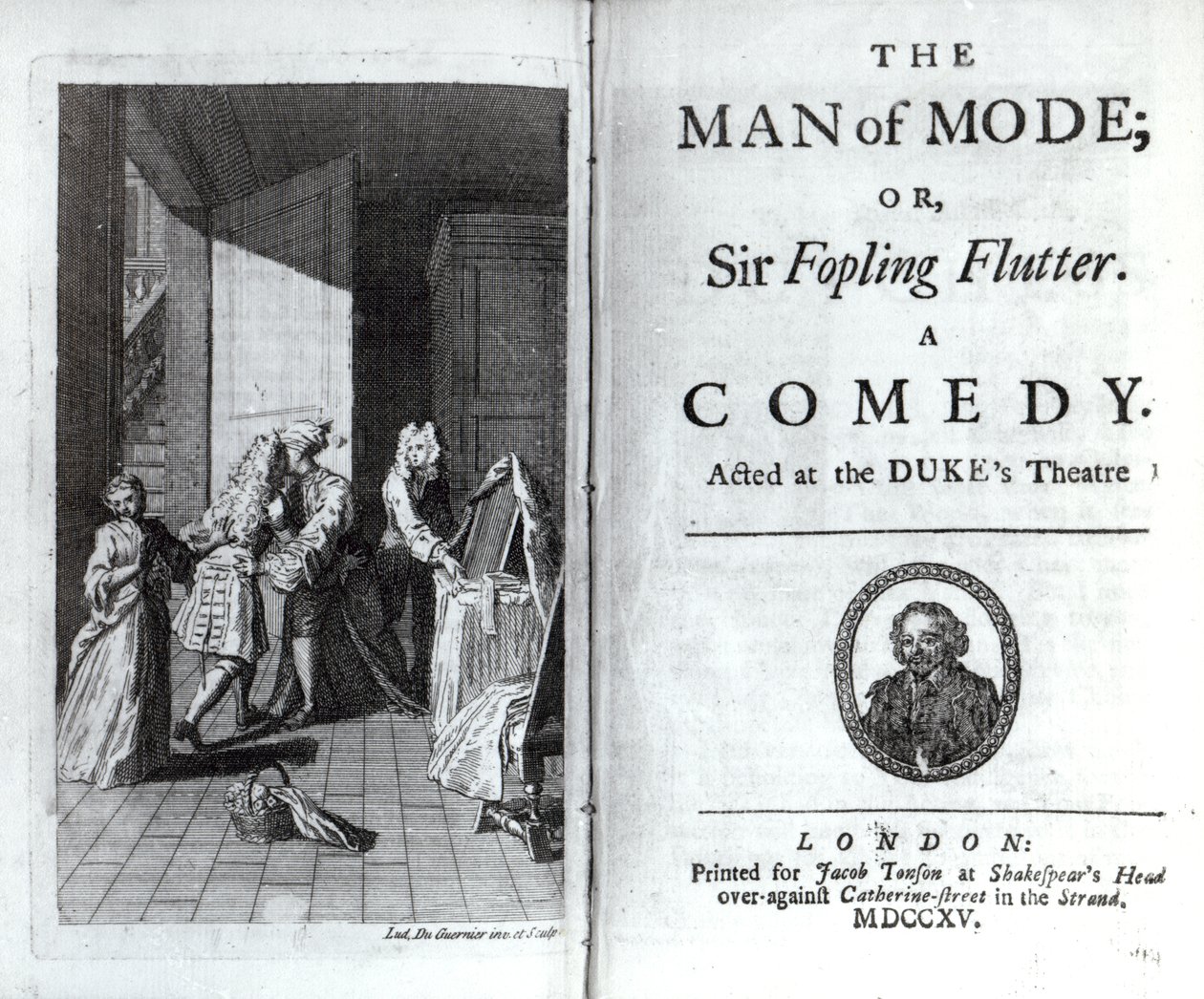 Frontispiece and Title Page for The Man of Mode, or Sir Fopling Flutter by George Etherege, published 1715 by Louis du Guernier