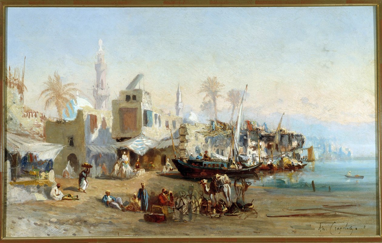 Fishermen and Mosques of the Port of Boulack in Egypt by Louis Amable Crapelet