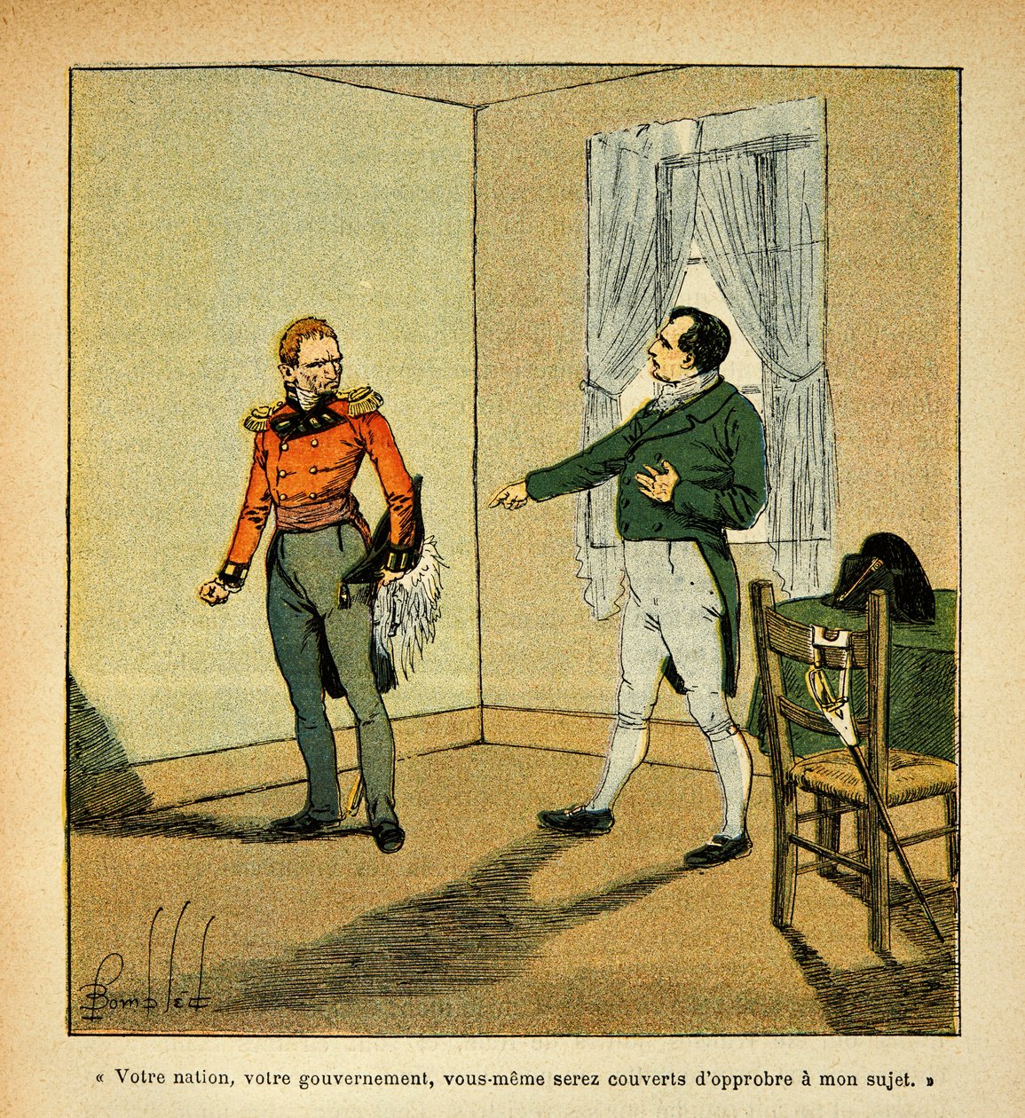 Illustration from the book The Memorial of Saint Helene by Count Emmanuel de Las Cases: Emperor Napoleon blames Governor Hudson Lowe for his behavior towards him by Louis Charles Bombled