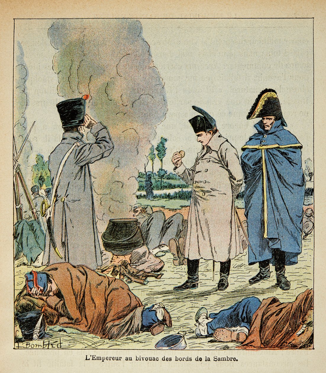 Illustration from the book The Memorial of Saint Helene by Count Emmanuel de Las Cases: Napoleon during a bivouac eats the bread of soldiers by Louis Charles Bombled