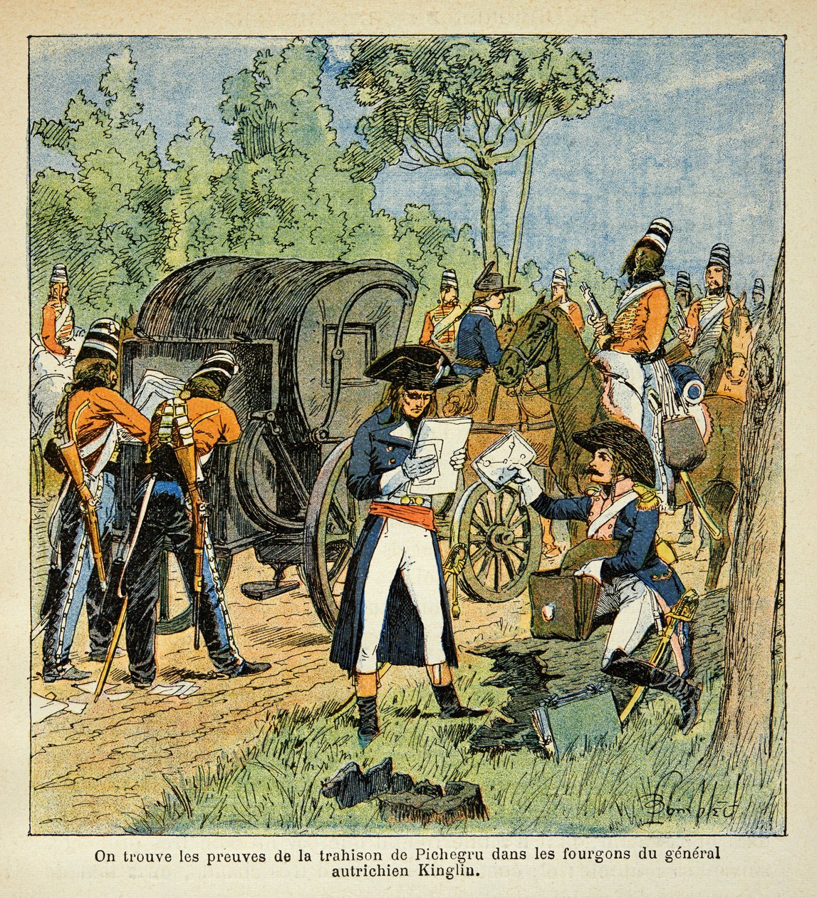 Illustration from the book The Memorial of Saint Helene by Count Emmanuel de Las Cases: During the passage of the Rhine, Moreau discovers the correspondence between Pichegru and the Prince of Conde by Louis Charles Bombled