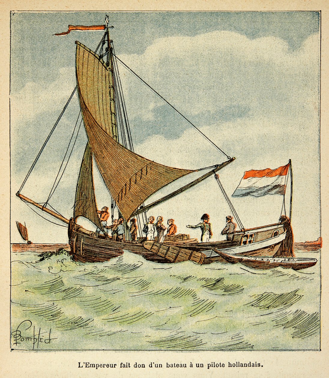Illustration from the book The Memorial of Saint Helene by Count Emmanuel de Las Cases: Napoleon donated a boat to a Dutch pilot during his visit to Holland by Louis Charles Bombled