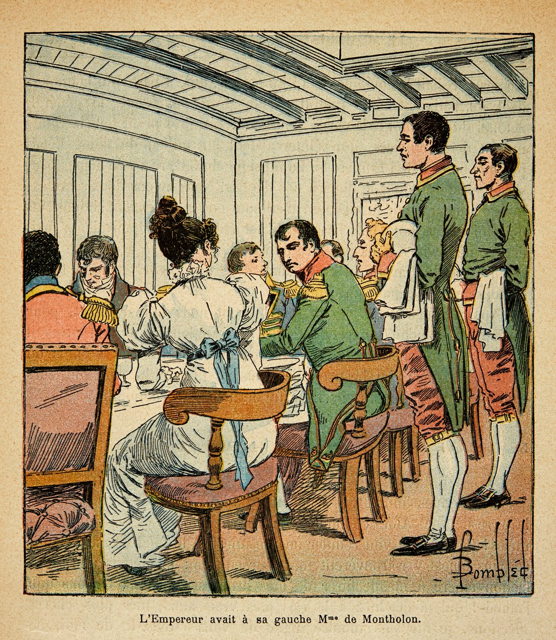 Illustration from the book The Memorial of Saint Helene by Count Emmanuel de Las Cases: Dinner of Emperor Napoleon on board the Northumberland en route to St. Helene, with Mrs. De Montholon on her left by Louis Charles Bombled