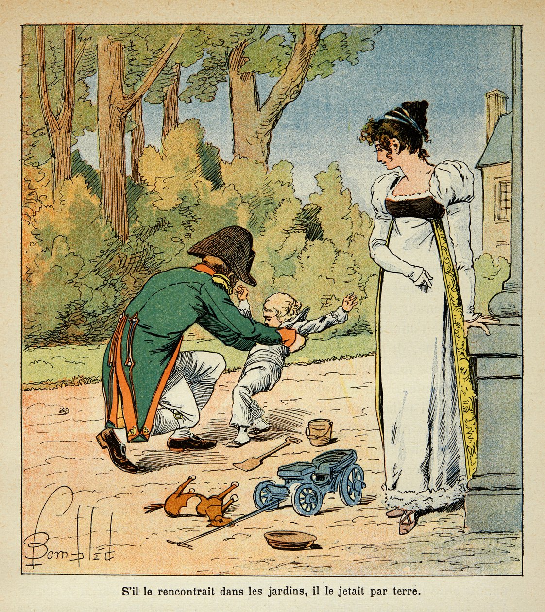 Illustration from the book The Memorial of Saint Helene by Count Emmanuel de Las Cases: Napoleon playing with his son in the presence of Marie Louise by Louis Charles Bombled