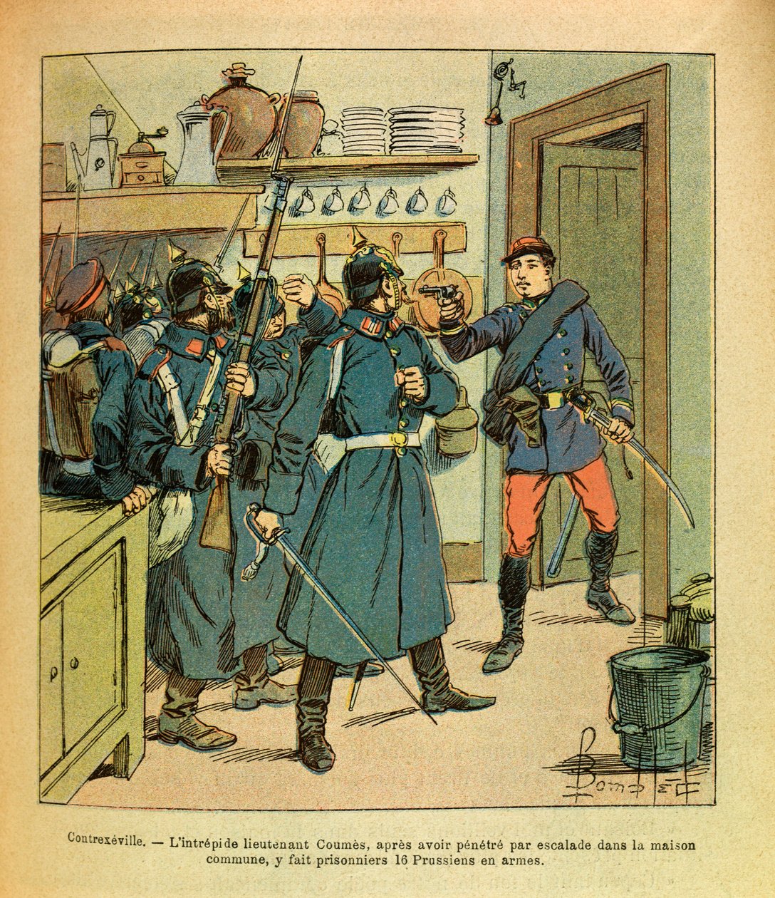 The Eastern Armee of Eugene Sergeant, Illustrated by Louis Bombled: In Contrexeville, the Intrepid Lieutenant Coumes After Climbing into the Common House, Took 16 Prussians Prisoners by Louis Charles Bombled