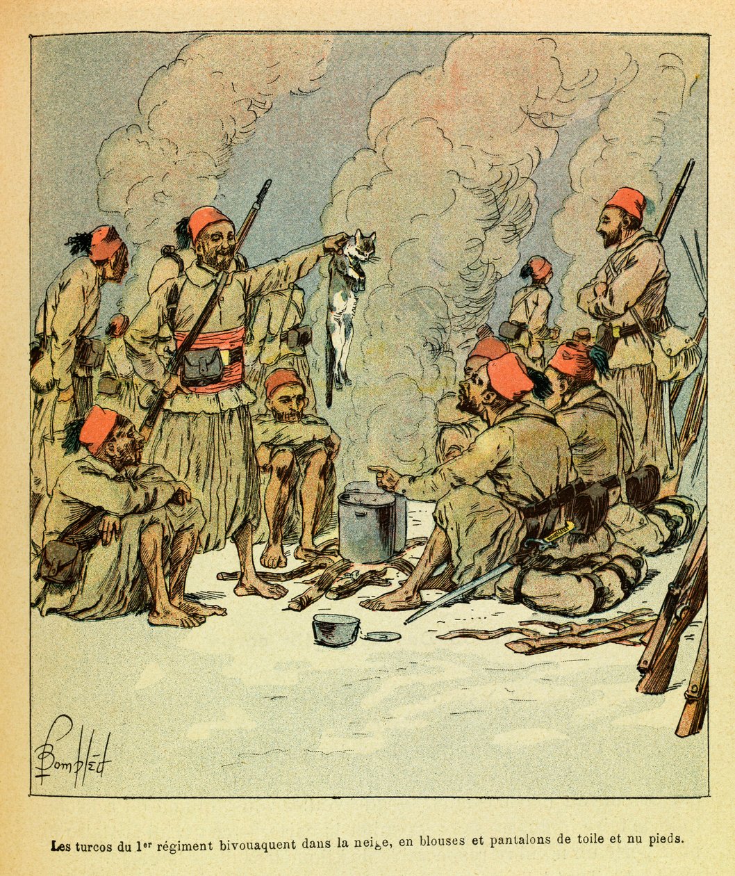 January 1871, the Turcos of the 1st regiment bivouac in the snow, in blouses and trousers of canvas and bare feet by Louis Charles Bombled