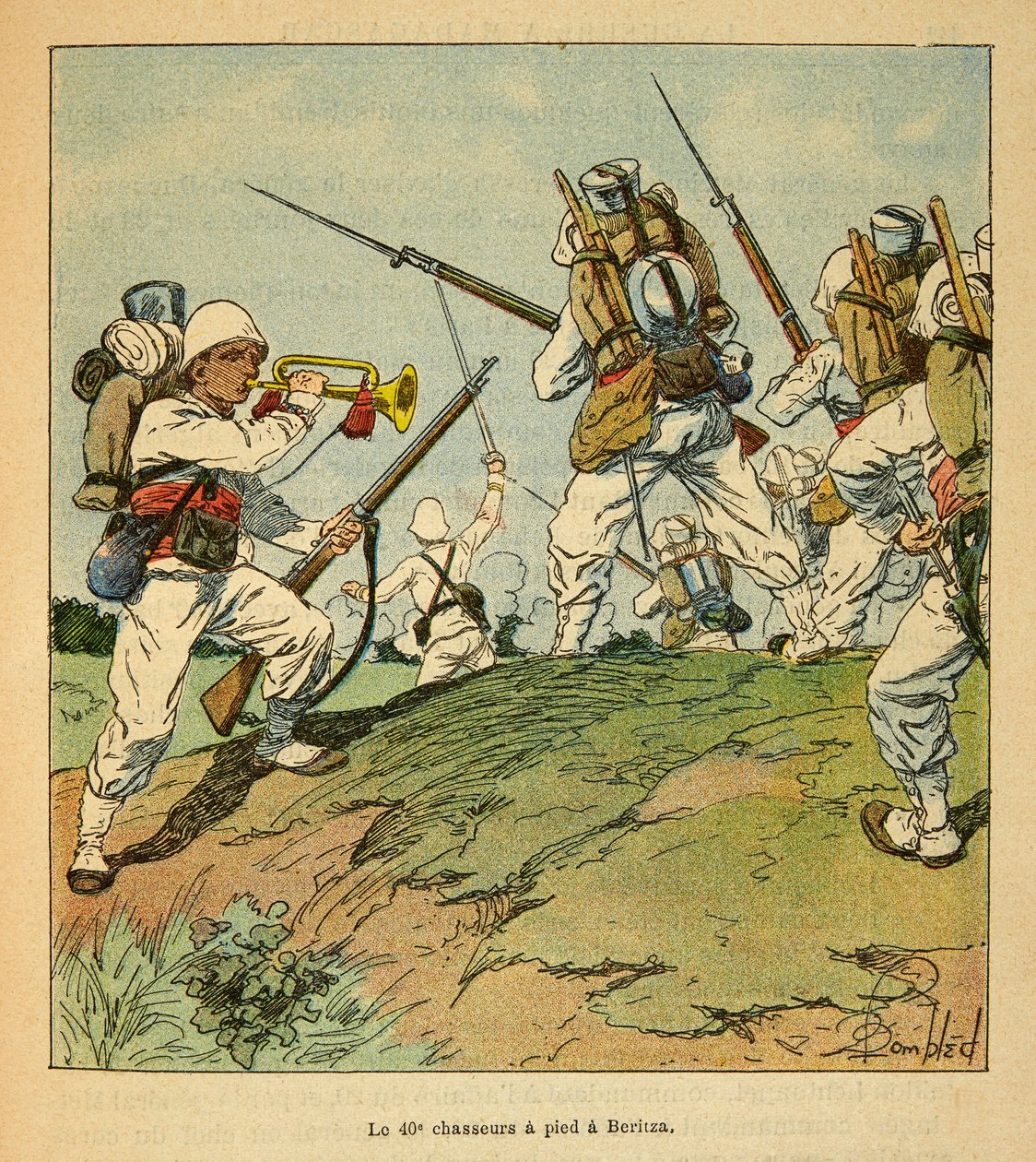 The War in Madagascar - Anecdotal History of the French Expeditions of 1885-1895 by Henri Galli, Illustrated by Louis Bombled: The 40th Foot Hunters During the Fighting in Beritza in 1895, Private Collection by Louis Charles Bombled