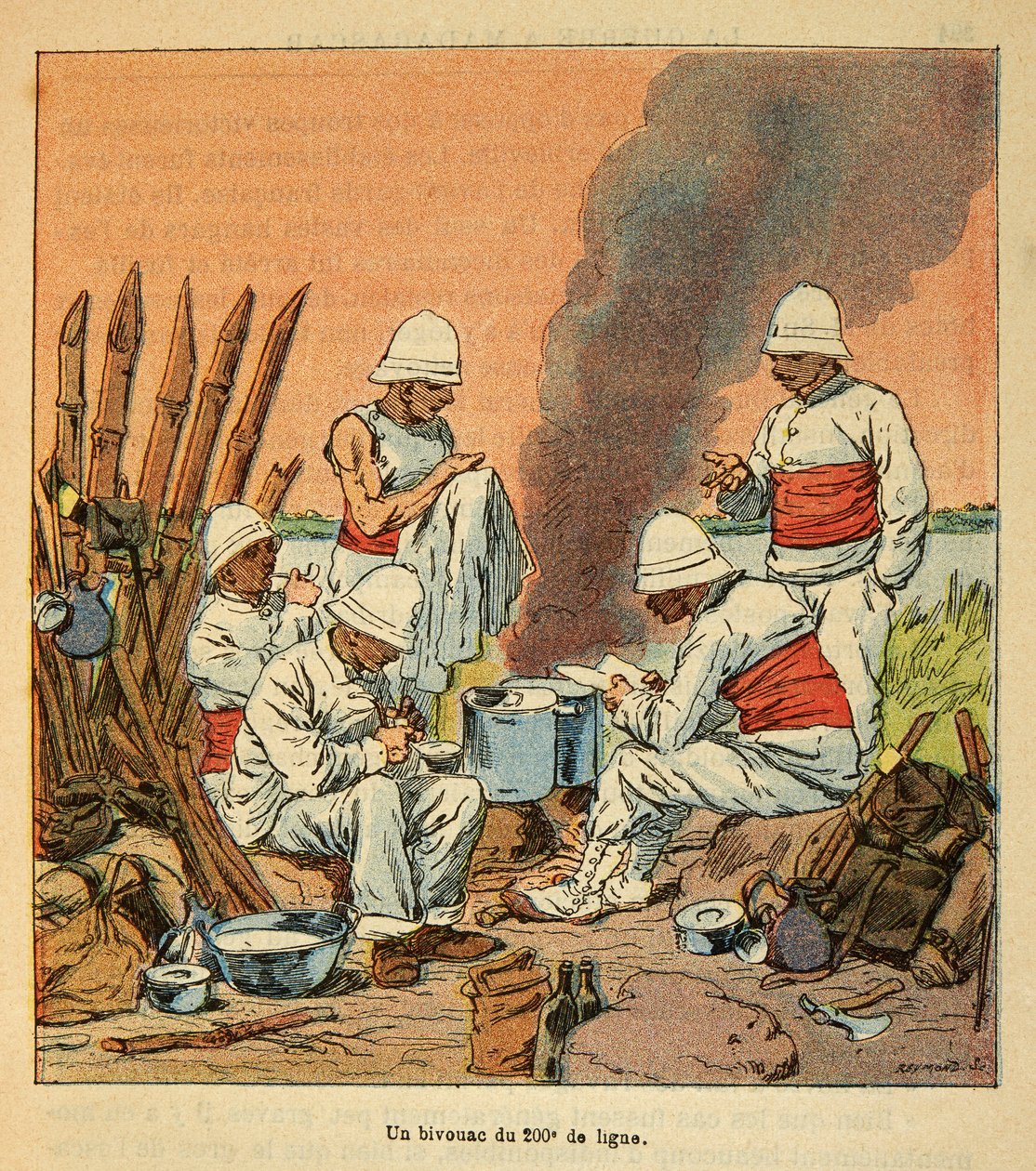 The War in Madagascar - Anecdotal History of the French Expeditions of 1885-1895 by Henri Galli, Illustrated by Louis Bombled: A Bivouac of the 200th Line in Madagascar in 1895, Private Collection by Louis Charles Bombled