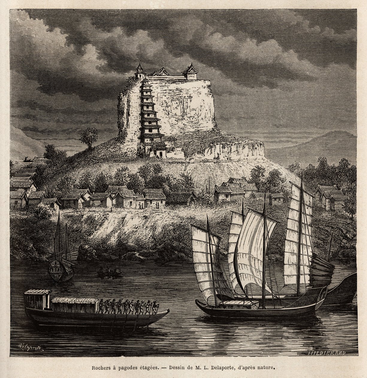 A Rock with Pagoda Stages, and Various Boats on the Blue River (China), Engraving After the Drawing of L.Delaporte, to Illustrate the Voyage of Exploration in Indochina by Francis Garnier, Lieutenant of Ship, in 1866-1868, Published in 