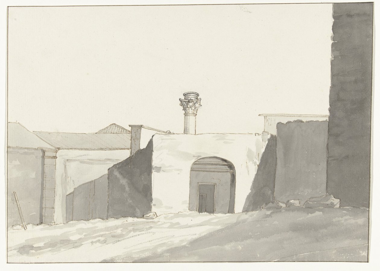 Ancient Column and Buildings in the Port of Brindisi (Voyage en Italie, en Sicile et à Malte - 1778) by Louis Ducros