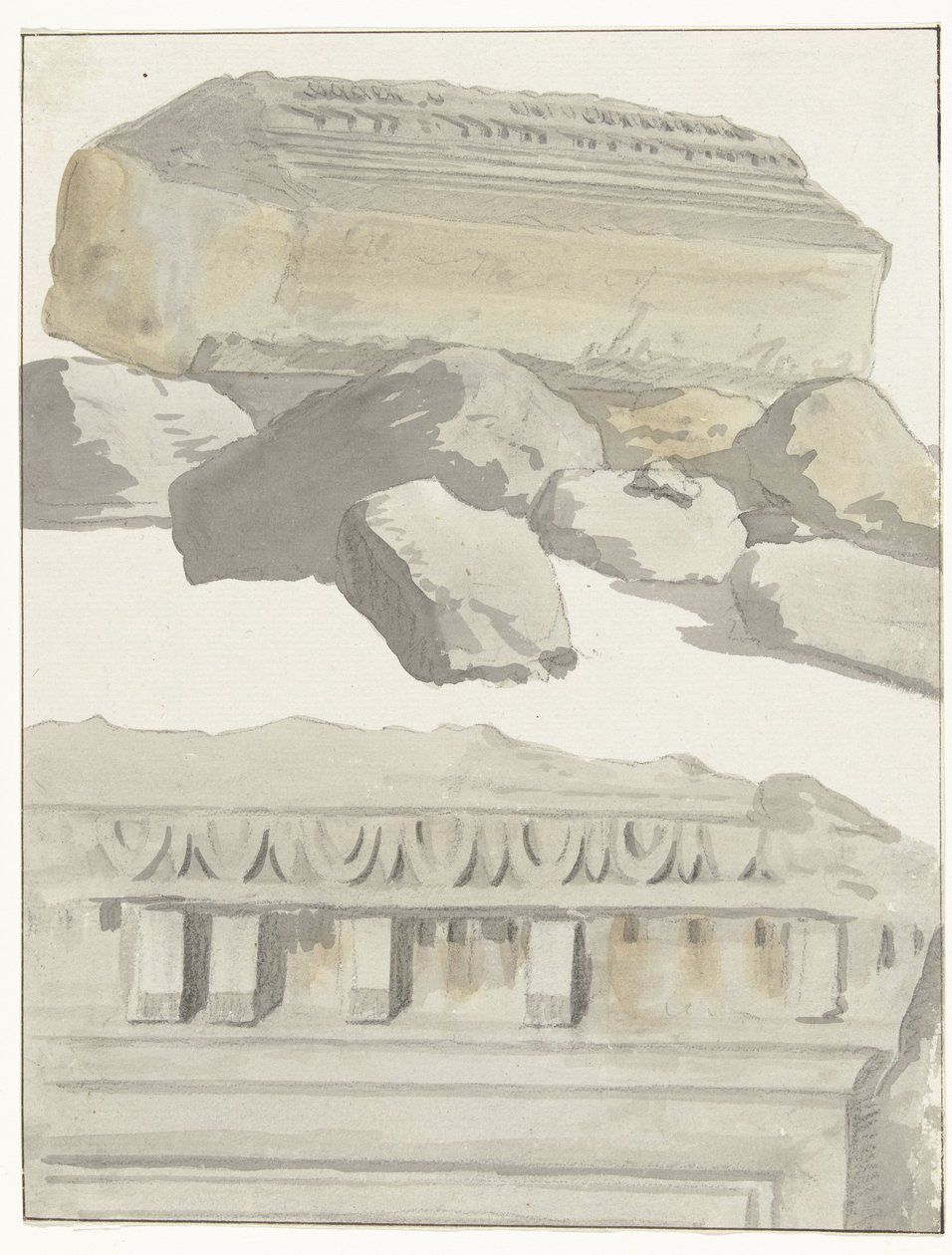 Two Pieces of an Architrave from the Ancient Temple in the Old City of Manduria by Louis Ducros