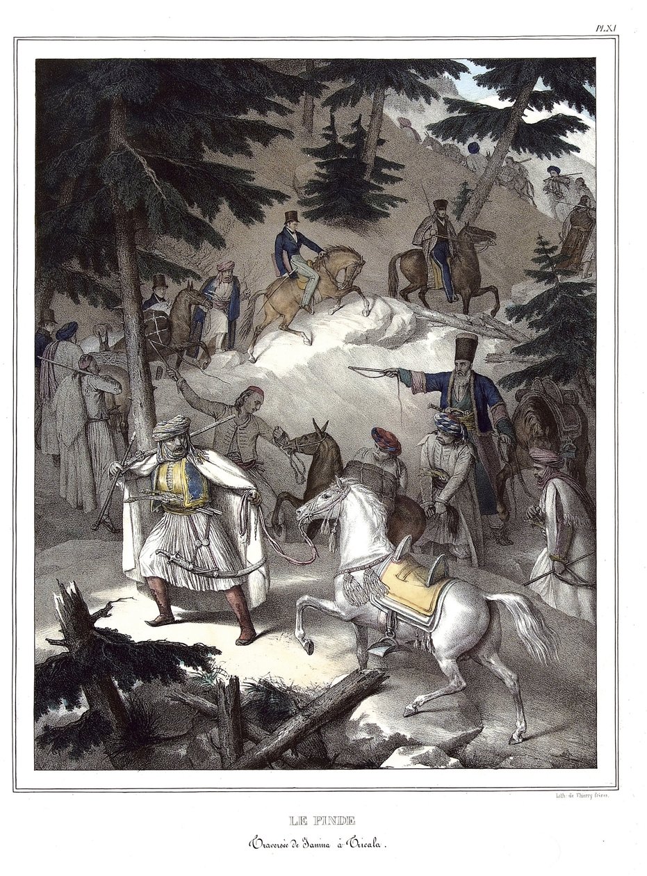 Le Pinde, Traversee de Janina a Tricala. in Journey to Athenes and Constantinople, or Collection of Greek and Ottoman Portraits, Views and Costumes, Painted on Places After Nature, Lithographs and Colories by Louis Dupre (1825) by Louis Dupré