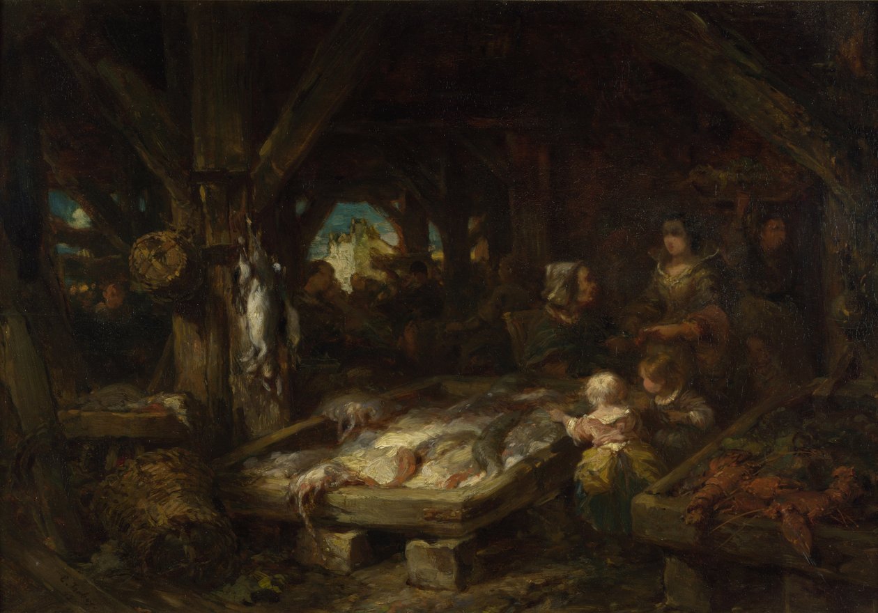 The Fish Market, Dieppe by Eugene Isabey