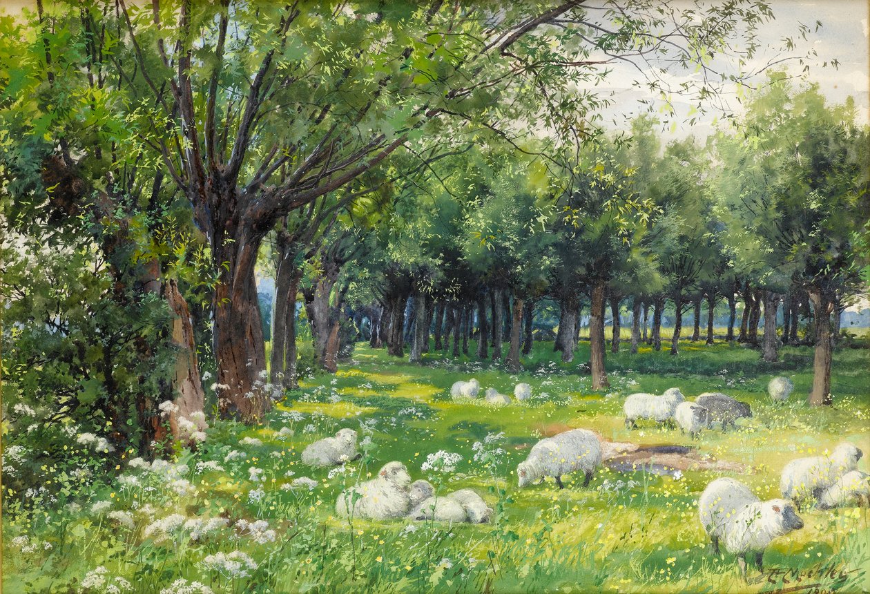 Sheep in an Orchard at Springtime by Louis Fairfax Muckley