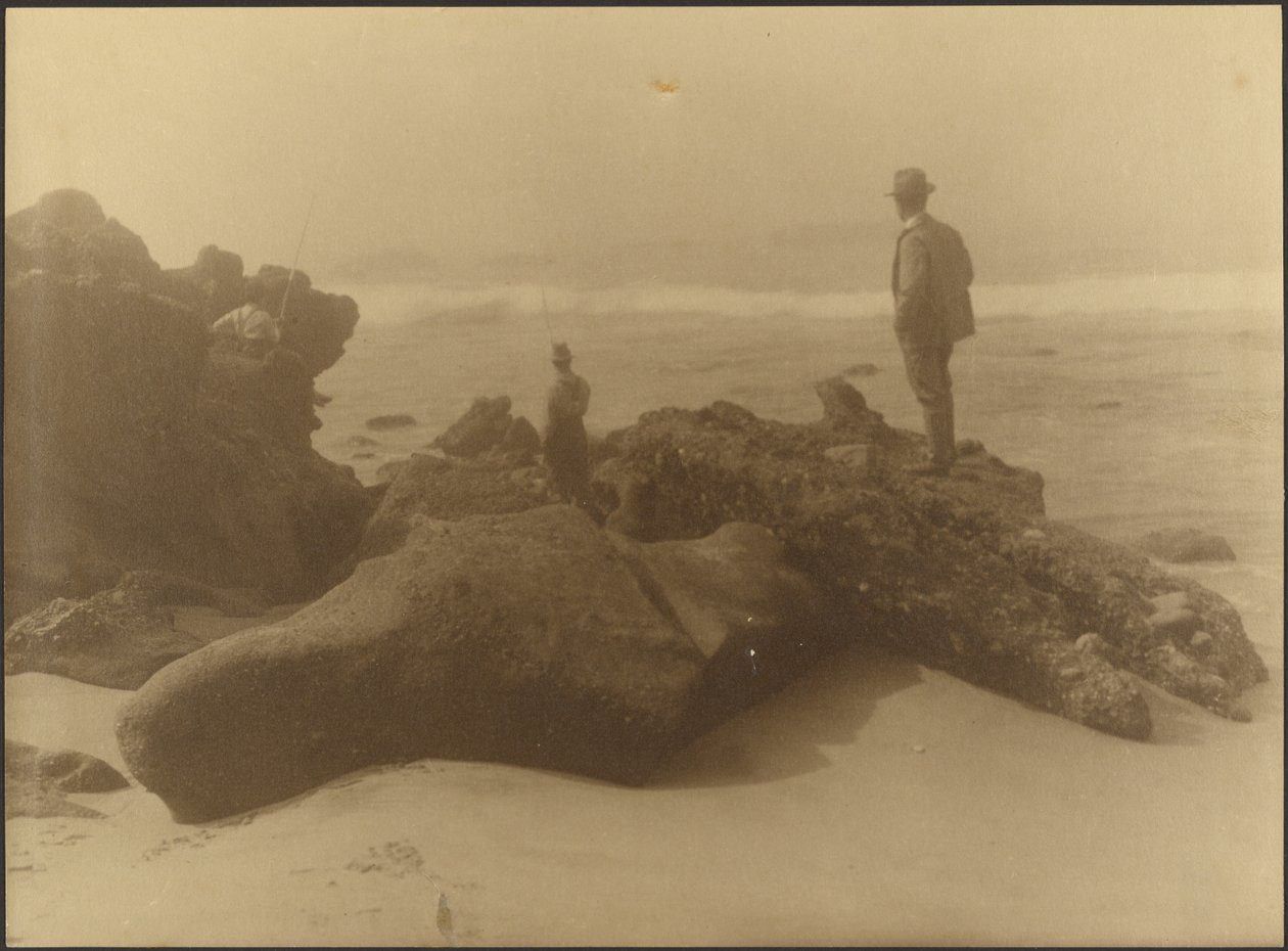 Three Men Fishing from Rocks on Beach by Louis Fleckenstein