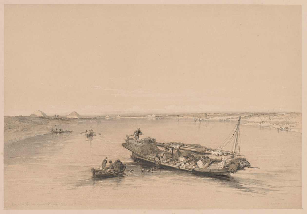 Egypt and Nubia: Volume I - No. 4, Slave Boats on the Nile, View Looking Towards the Pyramids of Dashour and Saccara by Louis Haghe