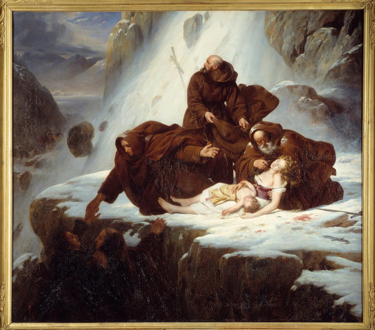The Religious at the hospice of Saint Gotthard giving relief to families affected by the brigands by Louis Hersent