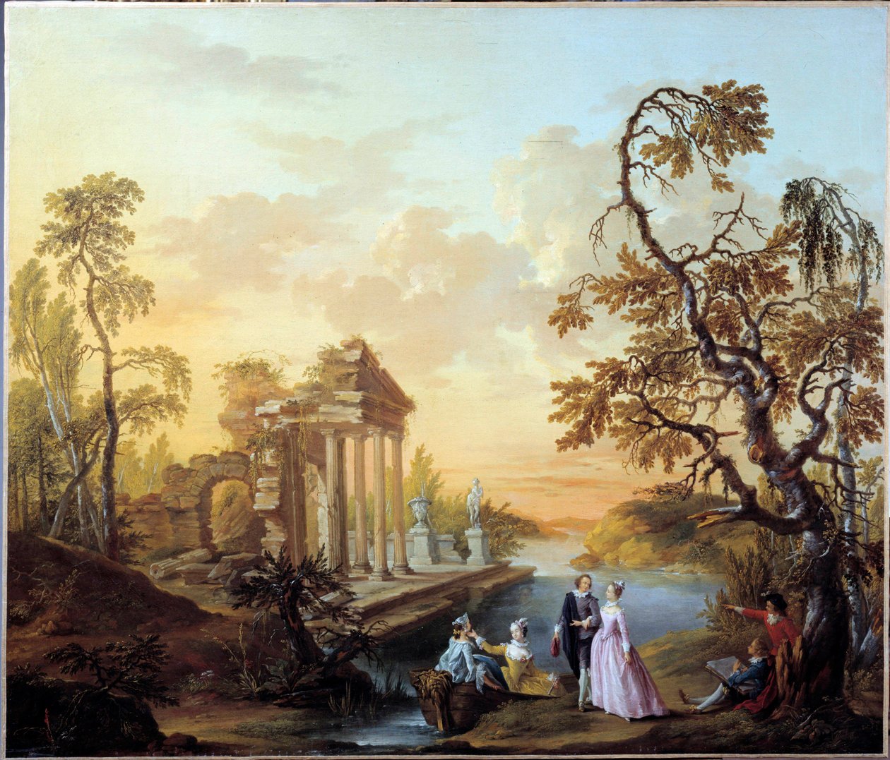 Tribute to Love: Romantic Scene in a Landscape of Ancient Ruins at Dusk by Louis Joseph  Watteau