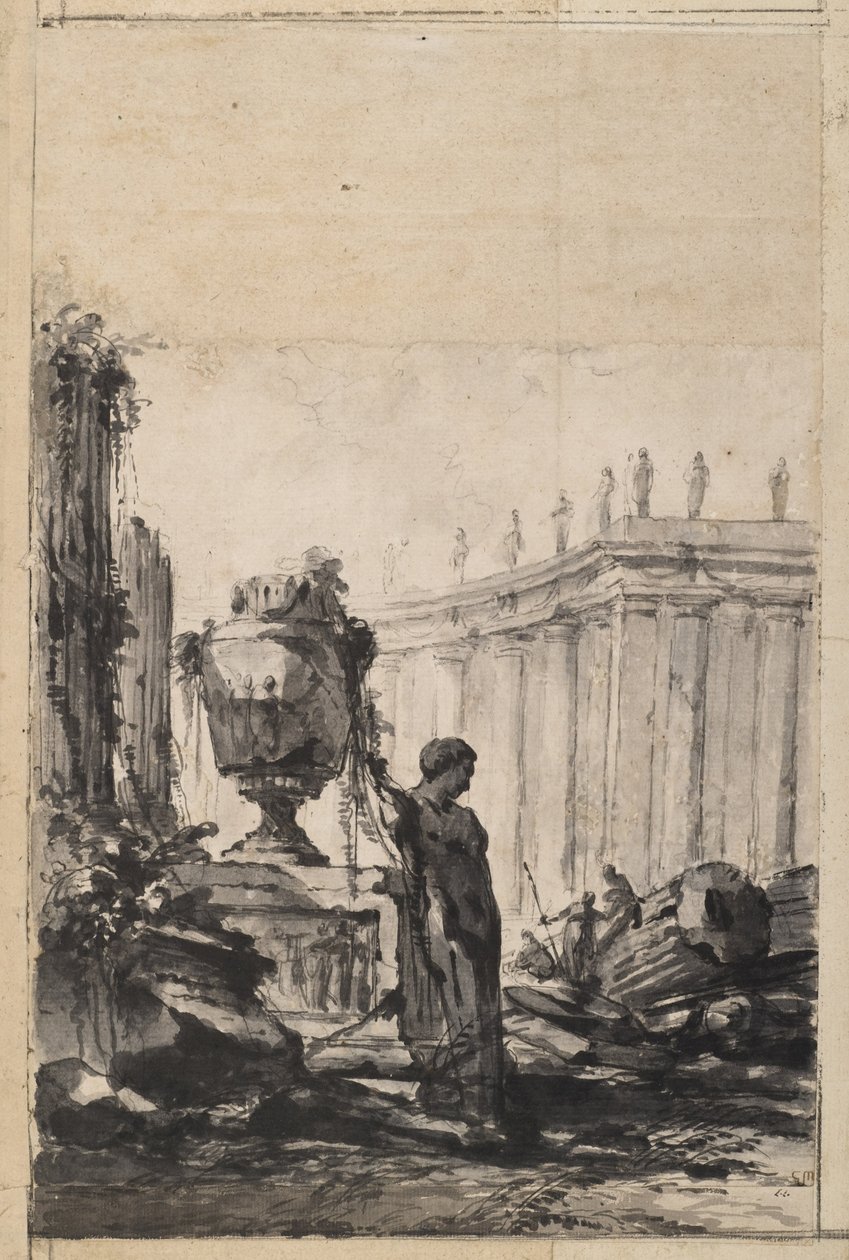 Architectural Fantasy with Vase, Herm, and Colonnade by Louis Joseph Le Lorrain