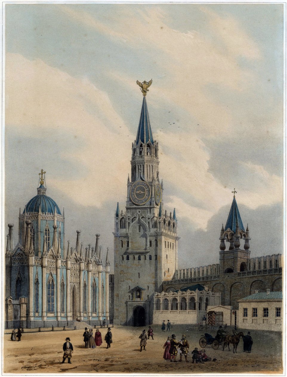 The Spasskaya Tower and Saint Catherine Church of Ascension Convent in the Moscow Kremlin by Louis Jules Arnout