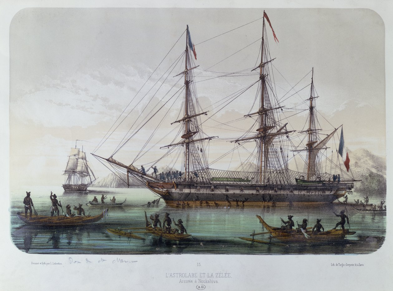The Astrolabe and Zelee Visiting Nuku Hiva Island in the French Marquesas Islands by Louis Le Breton