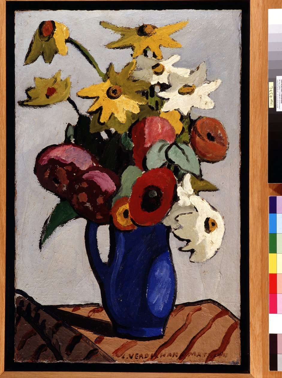 Bouquet of flowers in blue vase by Louis Mathieu Verdilhan