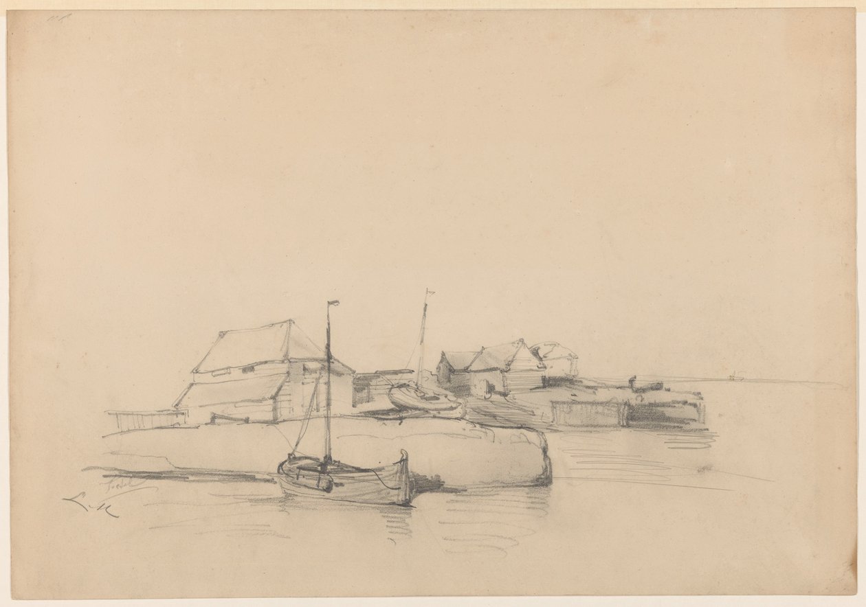 Houses and Two Ships by the Coast by Louis Meijer