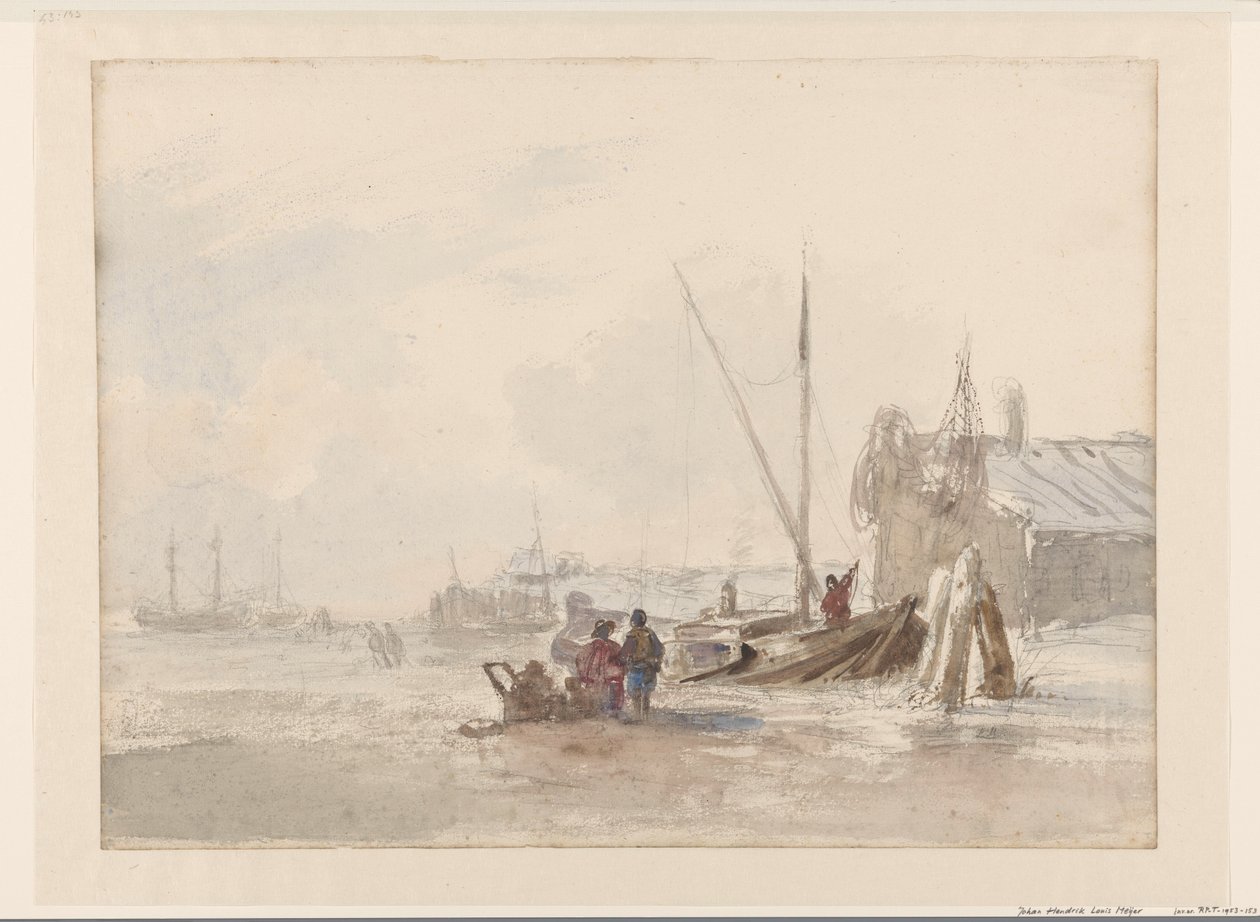 Beach Scene with Fishermen by a Boat in the Foreground by Louis Meijer