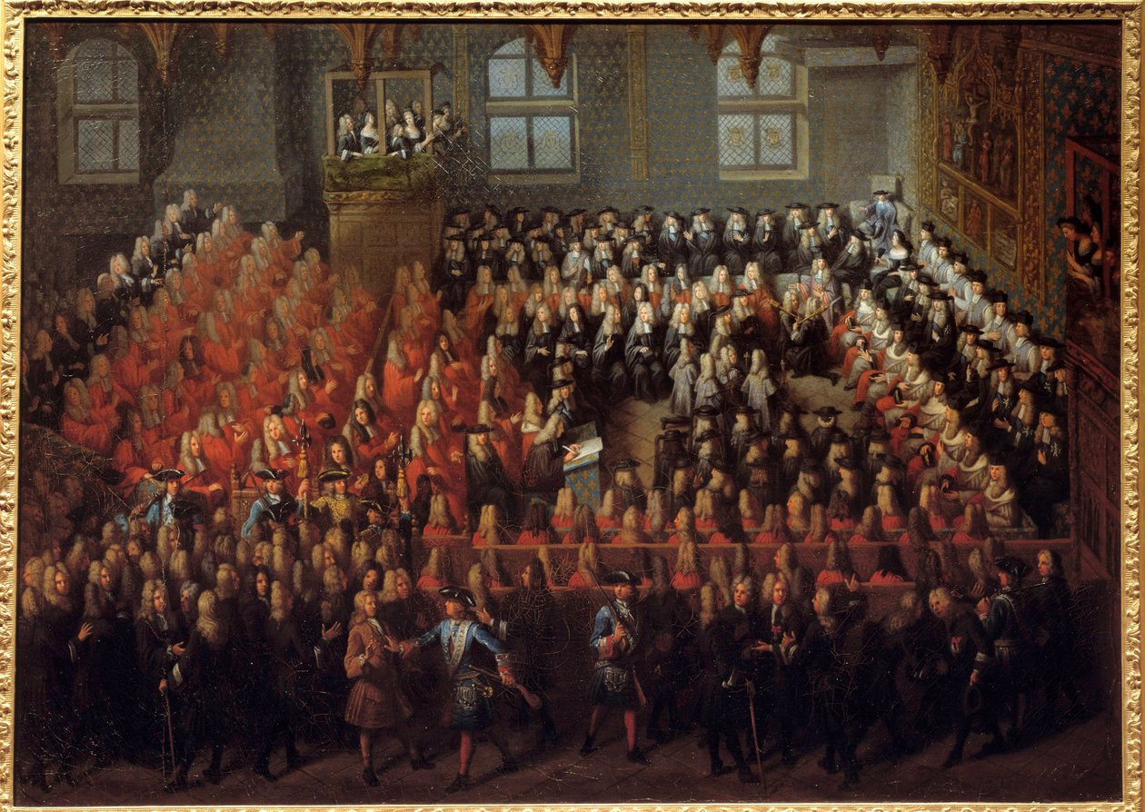 Bed of Justice held by Louis XV (1710-1774) in the Grand Chamber of the Parliament of Paris to break the will of Louis XIV (1638-1715) by Louis Michel Dumesnil
