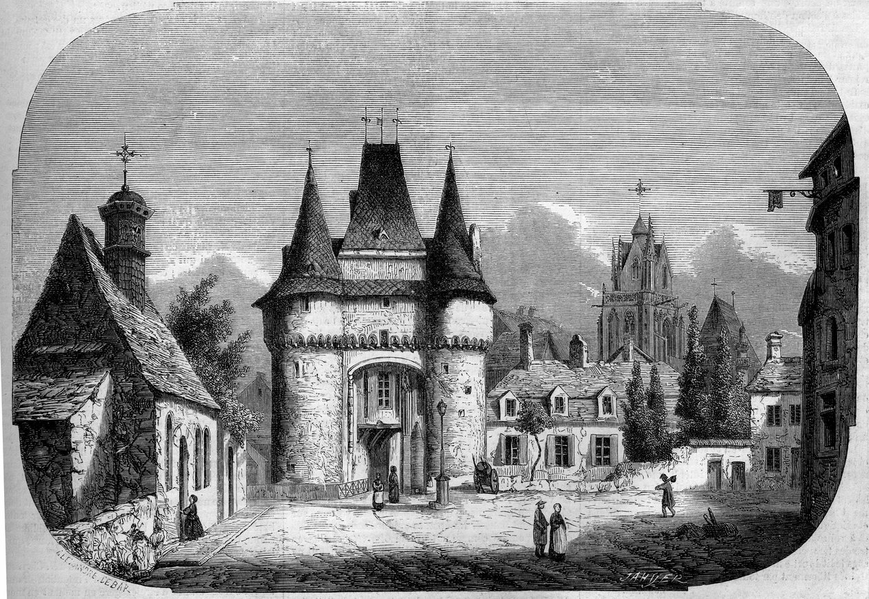Architecture: View of the Gate Saint Julien, In the Background, View of the Gothic Church Notre Dame des Marais by Louis Moullin