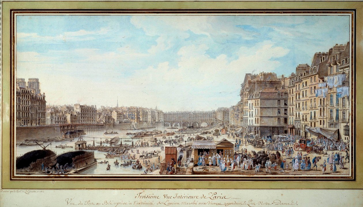 View of the Port at the Whale Taken from the Old Marche aux Veaux Towards the Bridge Notre-Dame in Paris by Louis Nicolas de Lespinasse