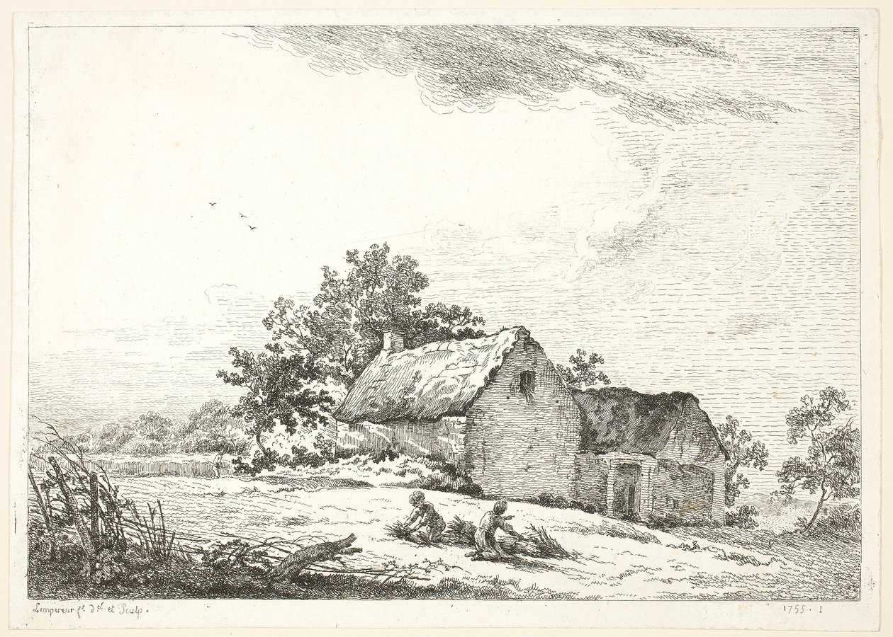 Farm Scene with Boys Bundling Wood by Louis Simon Lempereur