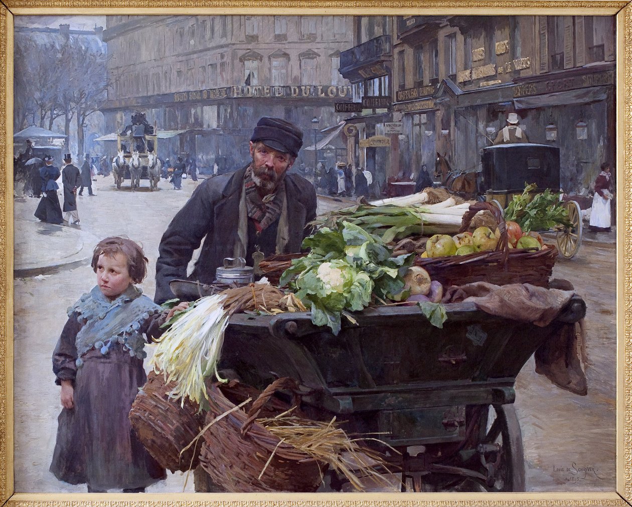The Merchant of the Four Seasons in Paris. Behind Him, the Hotel du Louvre by Louis de Schryver