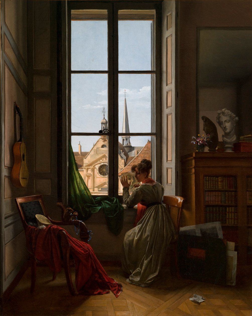 Interior with Young Woman Tracing a Flower by Louise Adeone Drolling