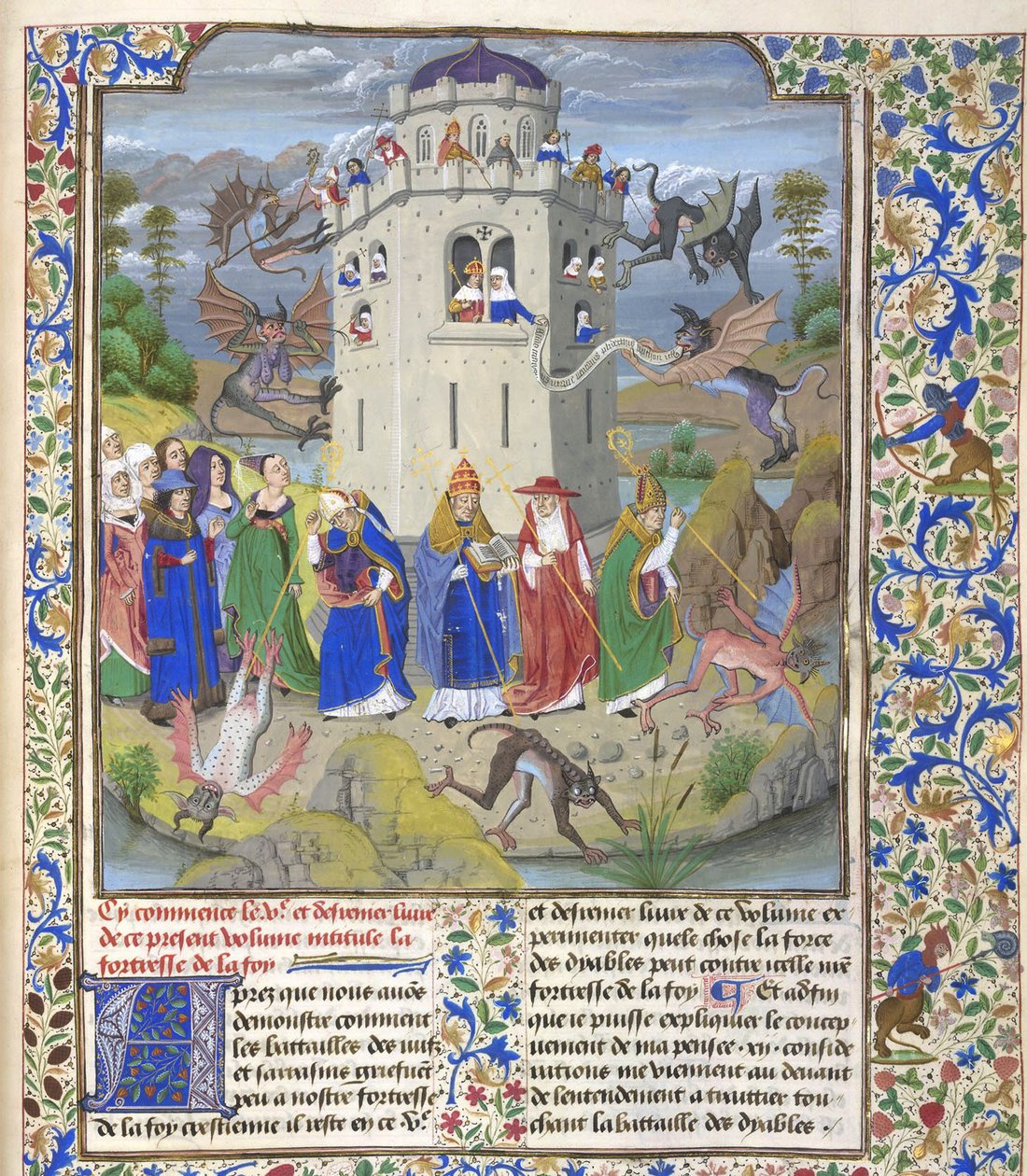 Fortress of Faith Miniature of the Saints Gregory, Augustine, Jerome, and Ambrose Fighting Demons by Loyset Liedet