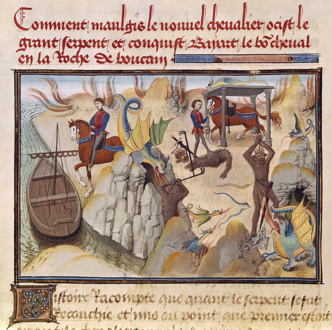Maugis Fighting the Serpent and Gaining the Enchanted Horse, Bayard, from the Renaud de Montauban cycle by Loyset Liedet