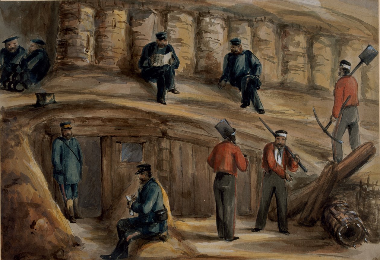 Gunners of the Royal Regiment of Artillery resting in the trenches of Sebastopol, c.1855 by Lt. Henry James Alderson