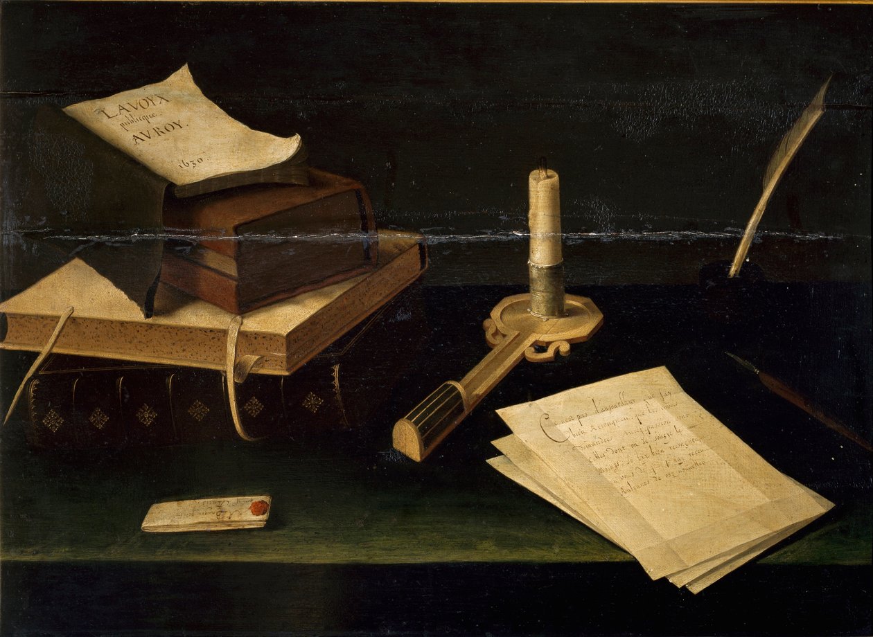 Still Life of Books, Feather, Letter and Candle by Lubin Baugin