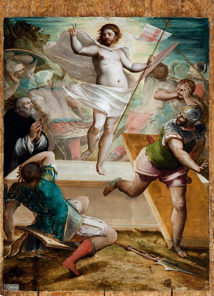 Resurrection, Jesus Holds a Stick Cross at the End of Which Floats a Standard Mark of a Red Cross by Luca Cambiaso