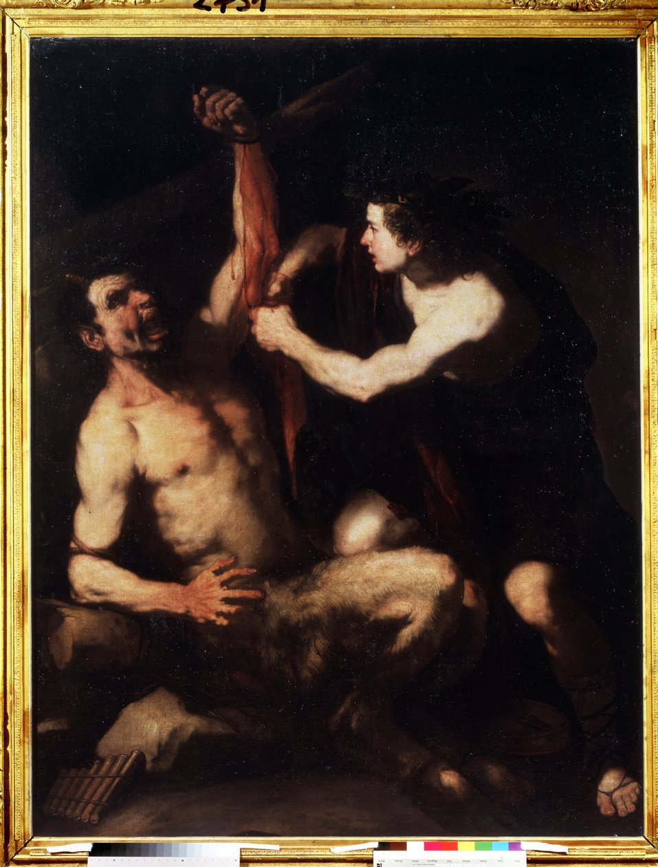 Apollo and Marsyas. Apollo, after winning the challenge against Marsyas, has him flayed and then thrown into a cave. Painting by Luca Giordano (1632-1705) by Luca Giordano