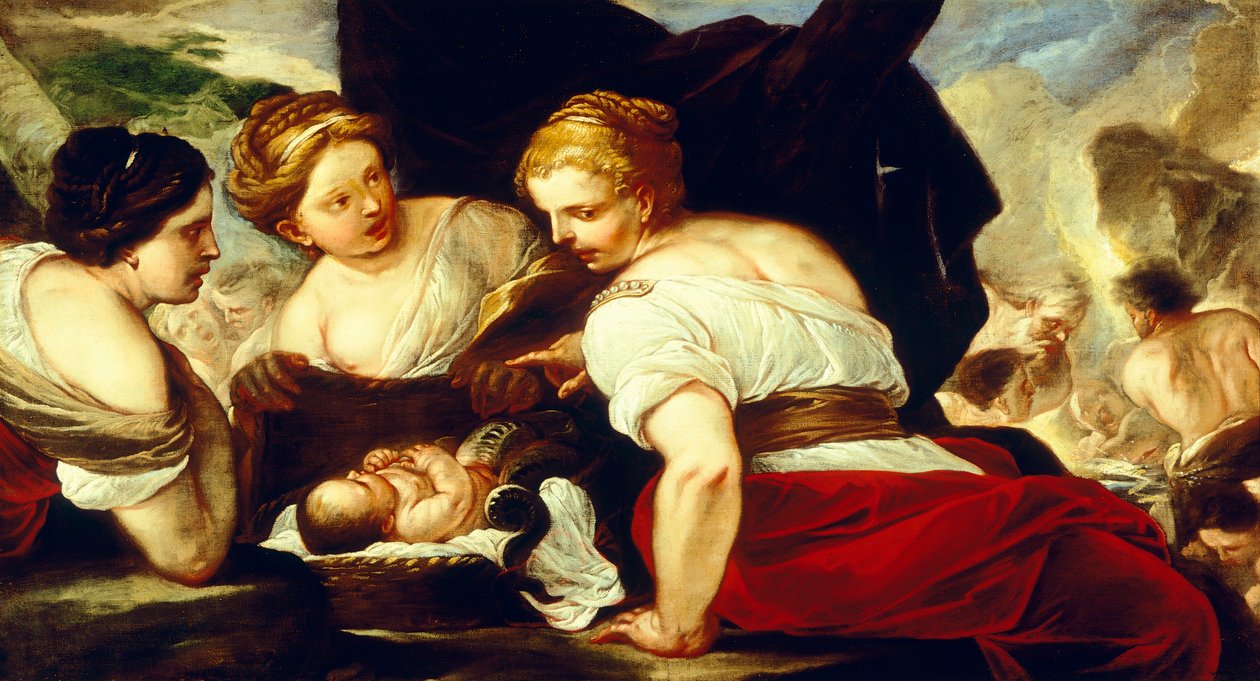Daughters of Cecrops opening basket which holds baby Erichthonius by Luca Giordano