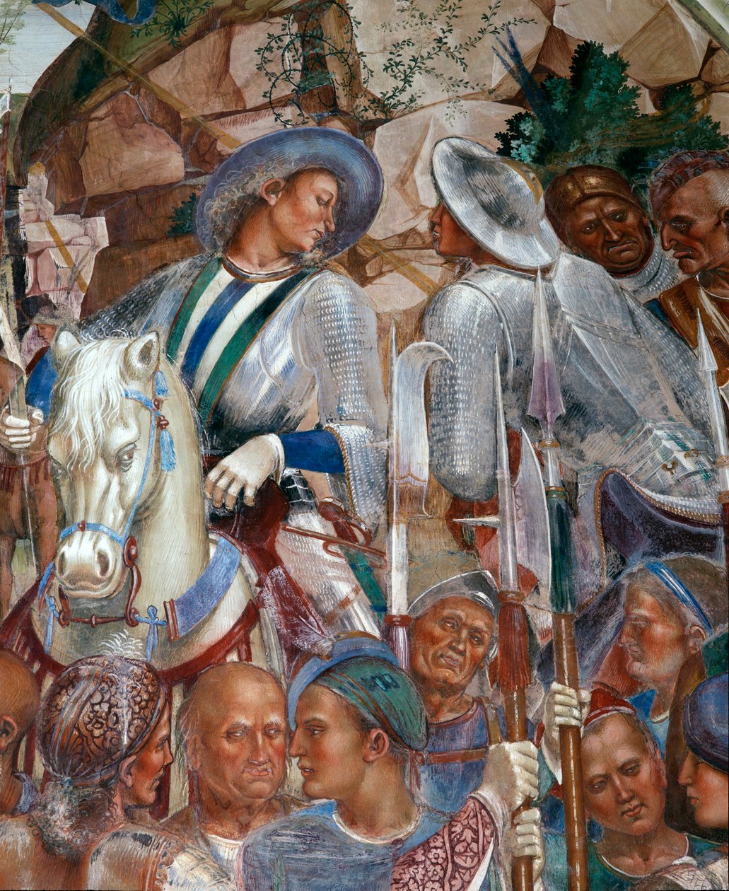 Benoit recognizes and welcomes the King of the Goths Totila who has come to apologize in person for having put Benoit to the test (detail) by Luca Signorelli