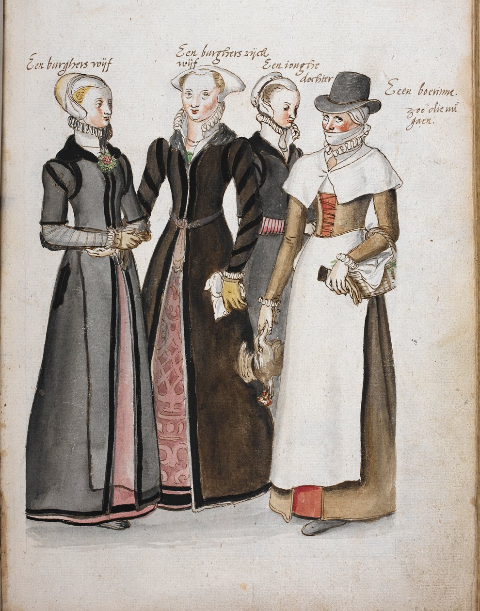 Four Englishwomen in dress of the Elizabethan era: a wife of a citizen of London, a wife of a wealthy citizen of London, a daughter of the London