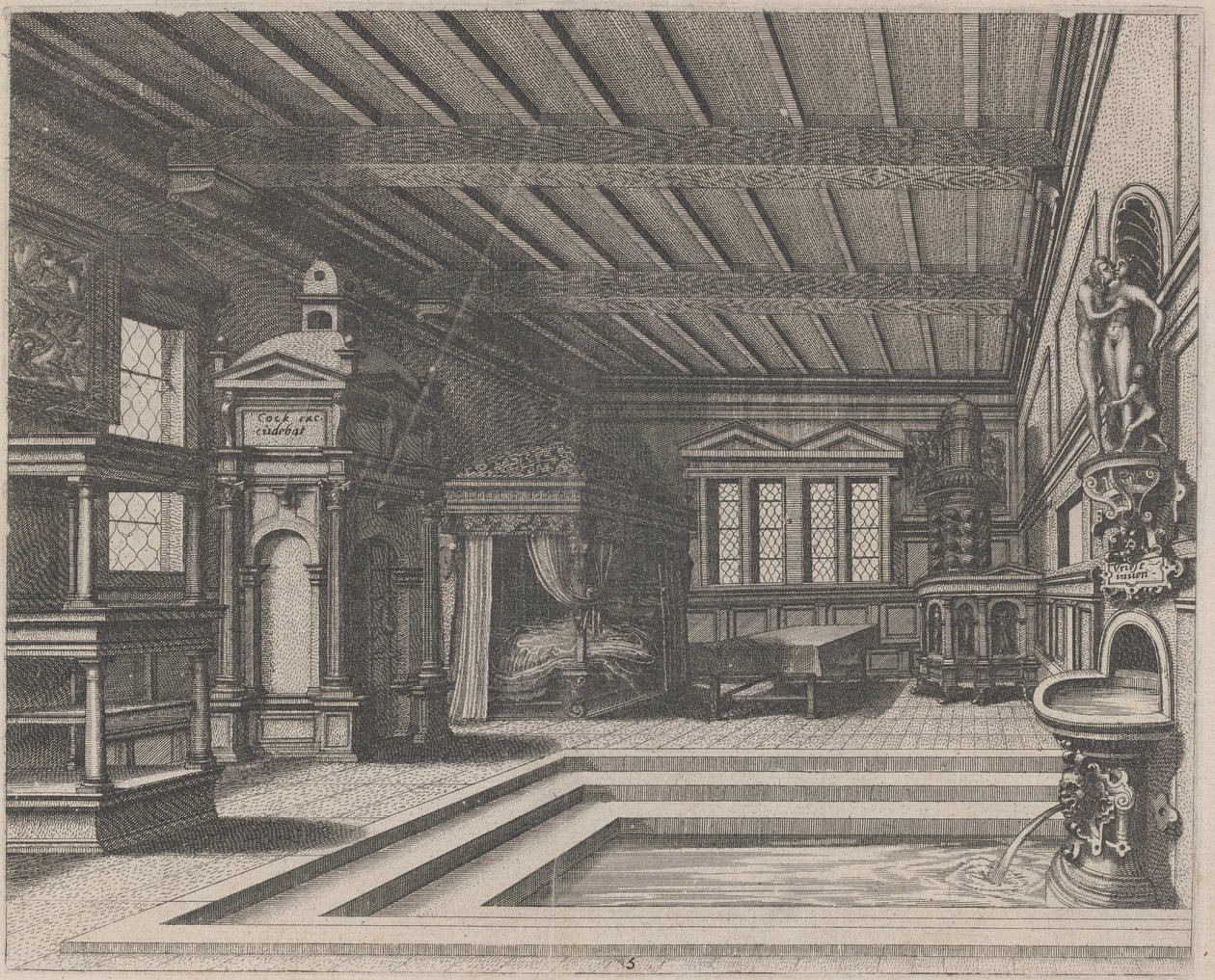 Interior with Buffet, Entrance Portal, and Canopy Bed by Lucas van Doetechum and Johannes