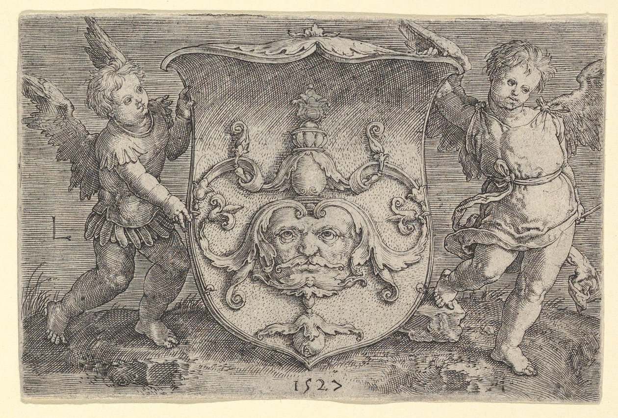 Coat of Arms with a Mask, Held by Two Genii by Lucas van Leyden